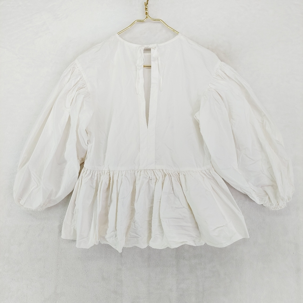H&M Balloon-Sleeved Cotton White Ruffle Blouse P6650